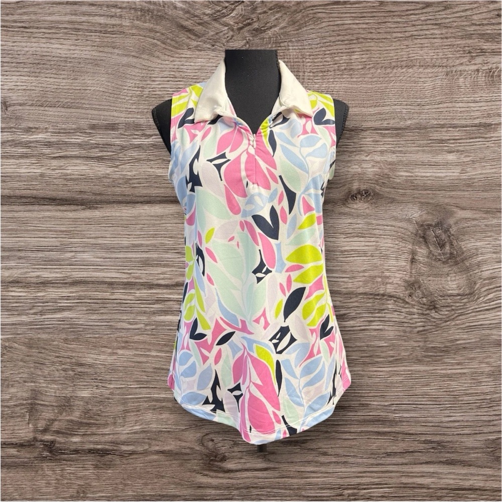 TOMMY BAHAMA FLORAL LEAF PRINT SLEEVELESS GOLF POLO SHIRT SPORT COLLARED SIZE M